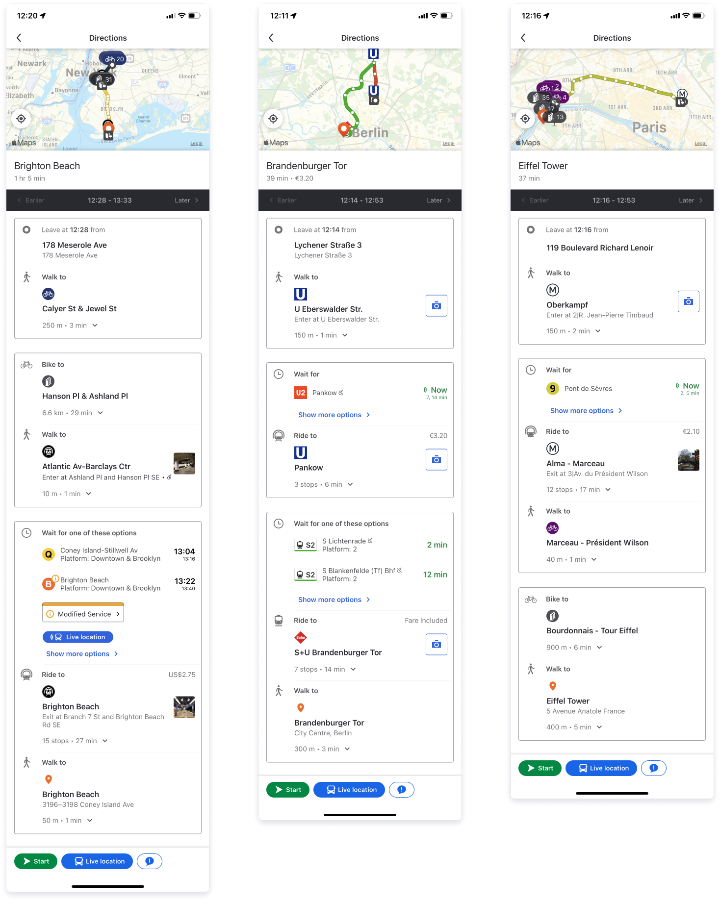 Full Moovit Itinerary screen — a tall public-transit journey with walking, riding, and transfer legs