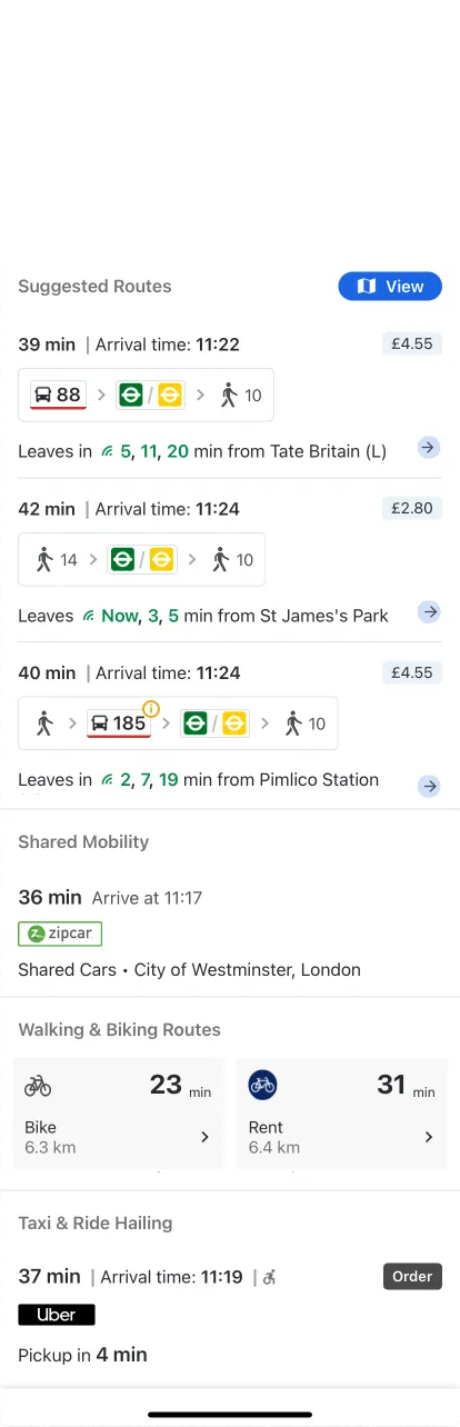 Full Moovit Suggested Routes screen — a scrollable list of transit alternatives with duration, arrival, transfers, walking, and price for each route