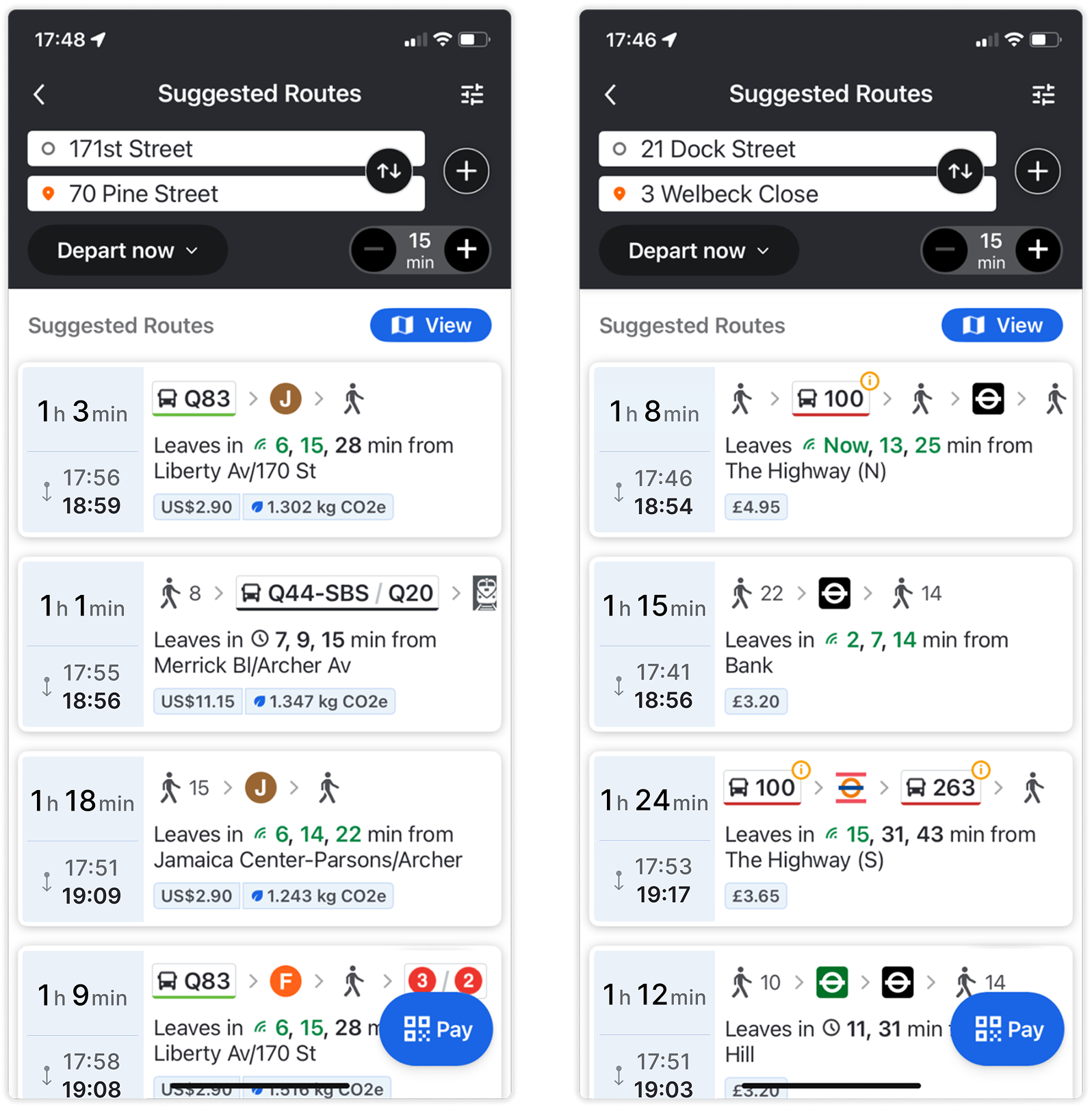 Two phone screens of the redesigned Suggested Routes list, side by side, showing aligned columns and a duration anchor across every route